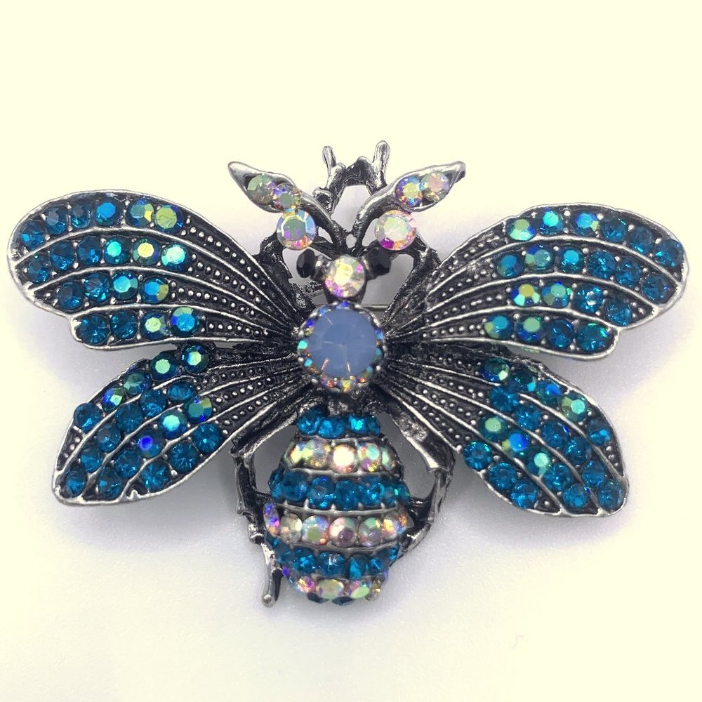 New Cute 3D Rhinestone Insect Moth Butterfly Bee Teal Brooch Pin Pendant 2.5"